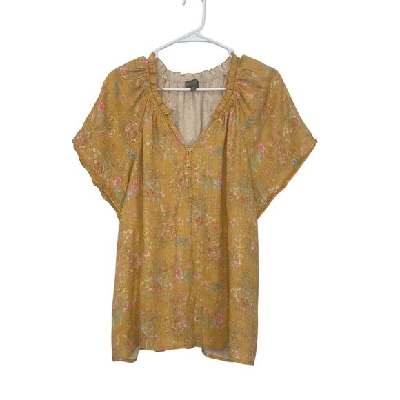 Wonderly Womens Mustard Yellow Boho Floral Blouse Size XL Short Ruffle V Neck - Picture 1 of 11